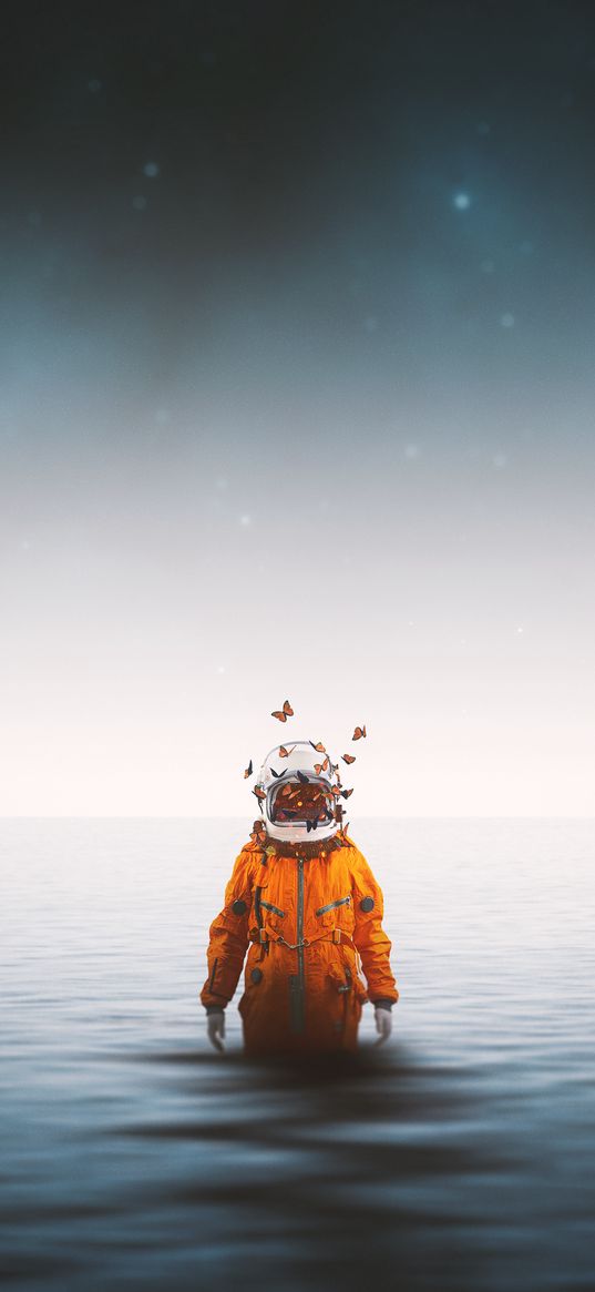 astronaut, spacesuit, butterflies, surrealism, sea, horizon