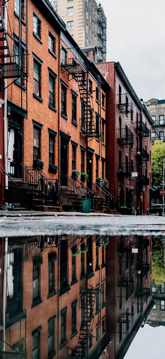 facade, building, puddle, reflection, house, windows