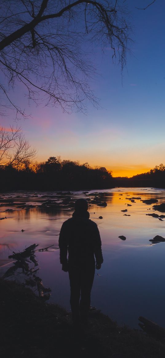 man, silhouette, river, trees, sky, solitude, harmony