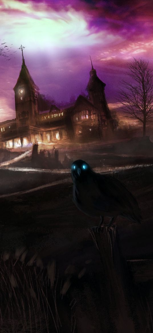 crows, creepy, house, hill, dark