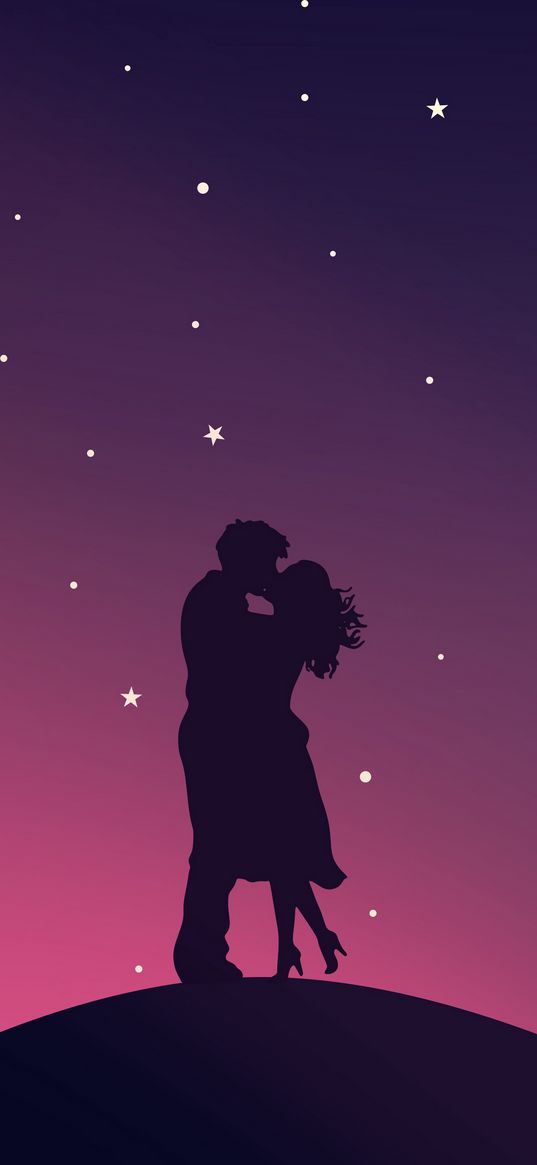 couple, silhouettes, stars, kiss, hugs