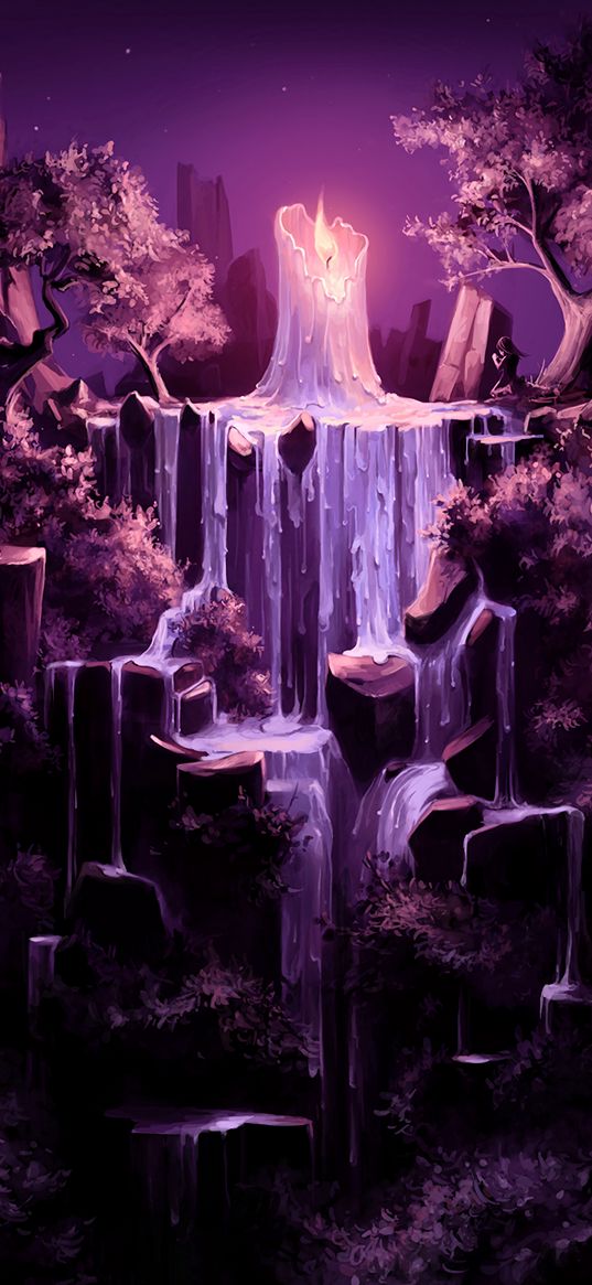 candle, waterfall, wax, art, trees, cliff