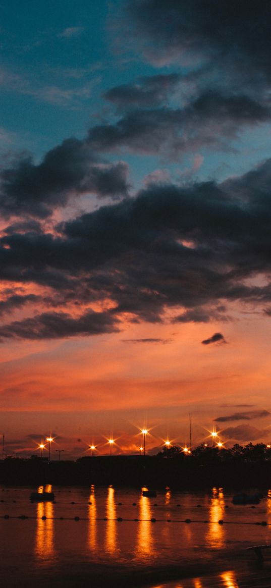 sunset, sea, lights, skyline, clouds, philippines