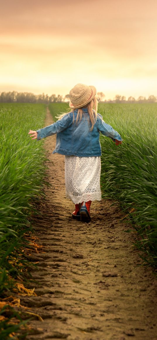 child, field, grass, path, walk