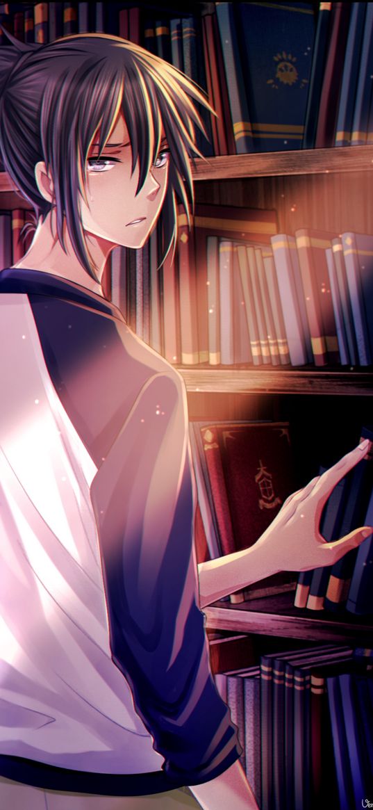 boy, anime, library, books