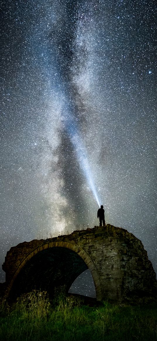 starry sky, milky way, man, silhouette, hill, sky, night