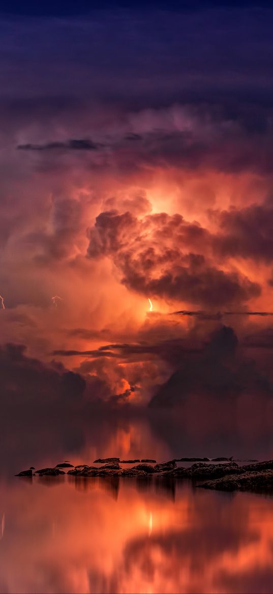 thunderstorm, clouds, ocean, coast, twilight