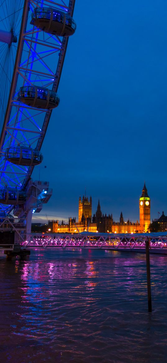 night city, thames, big ben, ferris wheel, london