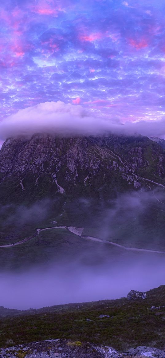 mountains, clouds, peak, scotland, pink