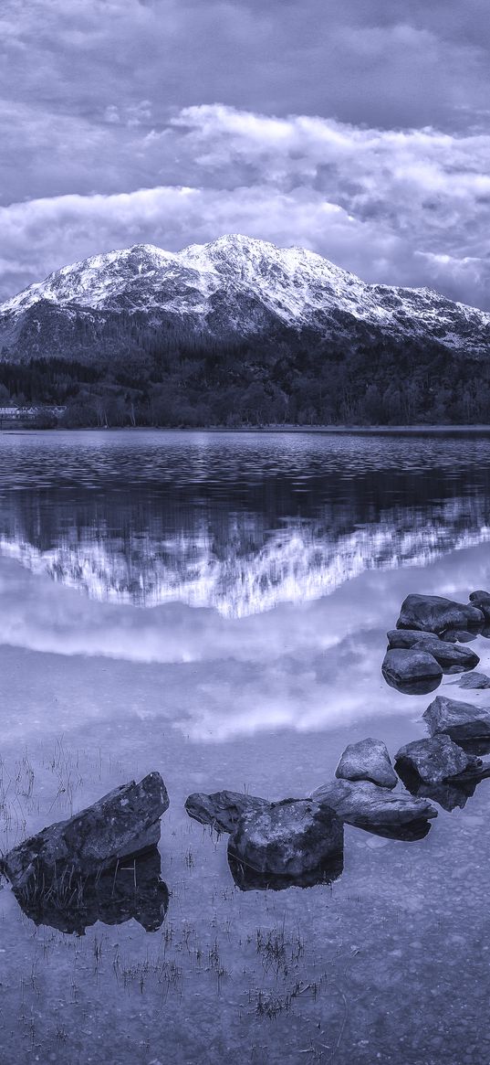 mountains, stones, sea, scotland, ben venue, achray forest, black and white, bw