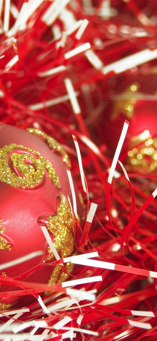 christmas, new year, spheres, tinsel, red, ornaments