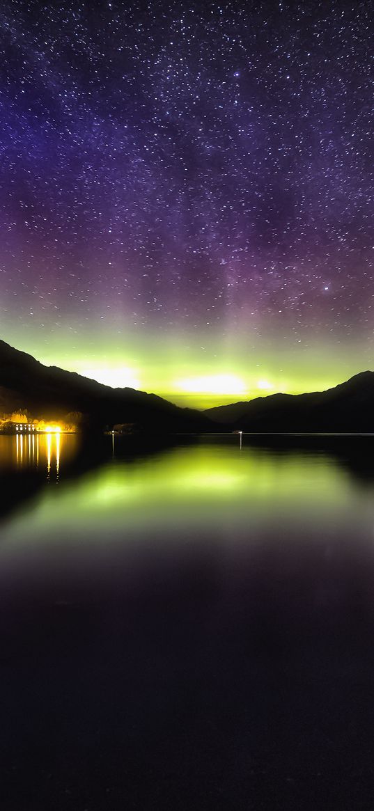 aurora, starry sky, night, loch lomond, scotland