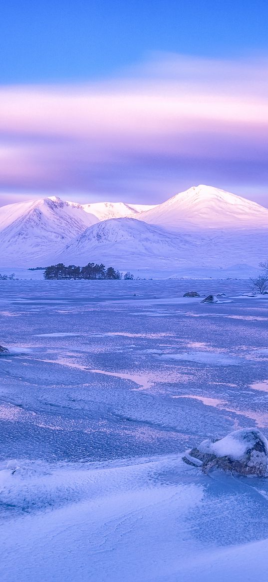 mountains, winter, sky, pink, snow, blue, loch lomond, rannoch moor, scotland