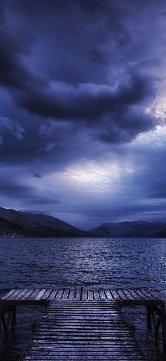 sea, mountains, evening, clouds, overcast, pier, scotland