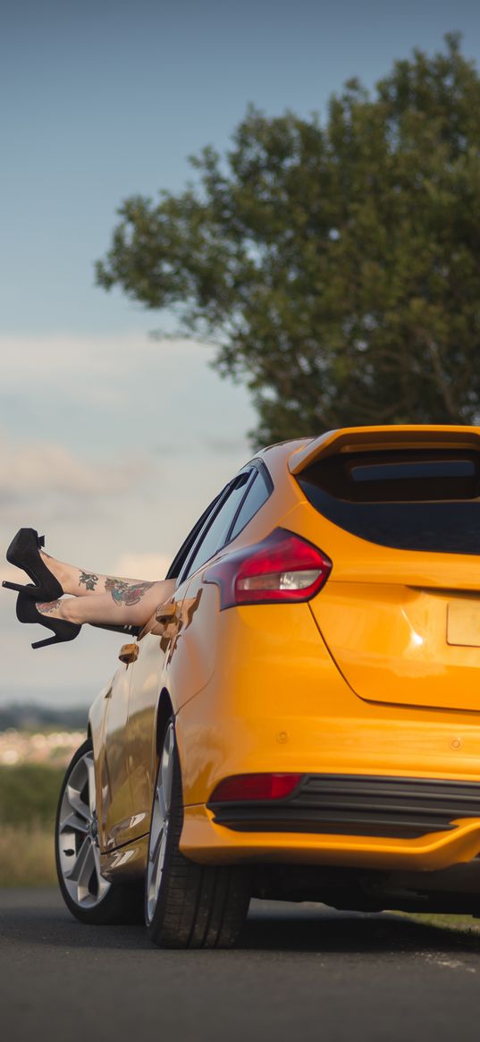 ford, car, legs, shoes, high-heeled shoes, tattoos, girl, rest, nature, ford focus st