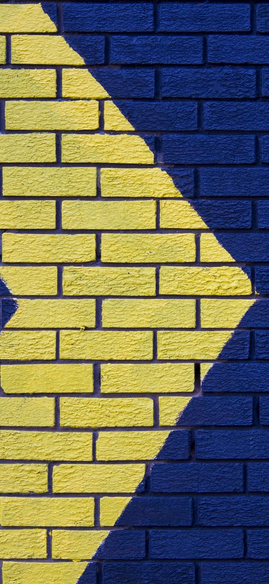 wall, brick, arrow, blue, yellow, pointer, direction