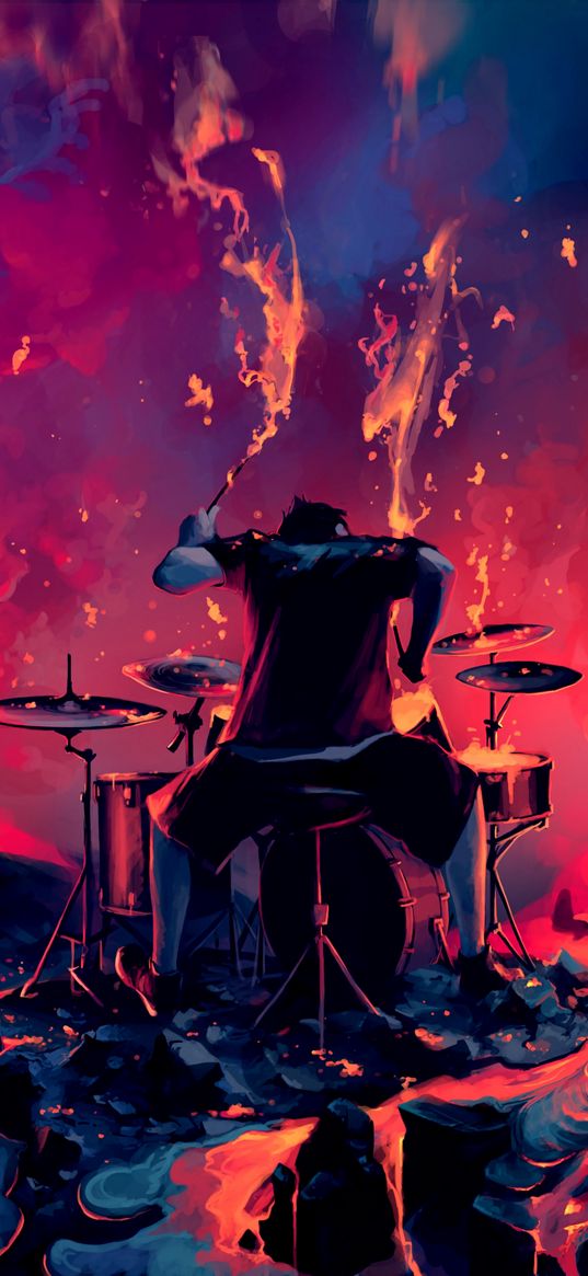 drummer, art, drum set, drums, fire, lava, rage