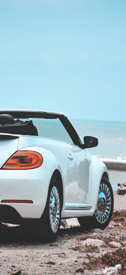 volkswagen beetle, cabriolet, white, sea