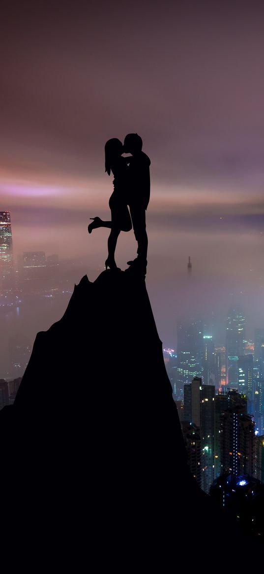 couple, silhouettes, kiss, hill, city, skyscrapers