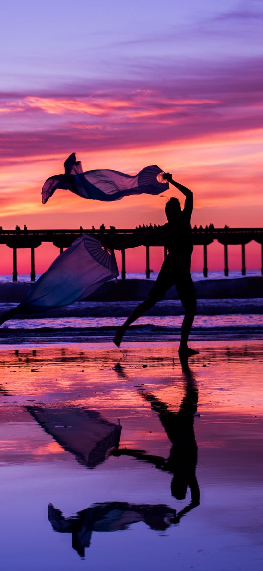 silhouette, dance, sea, pier, sunset