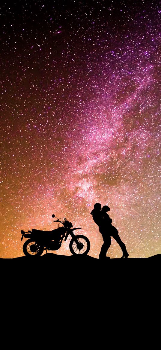 couple, silhouettes, hugs, starry sky, love, motorcycle