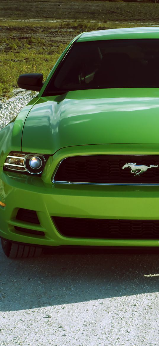 ford mustang v6, ford mustang, sports car, green, lime, front view