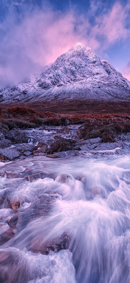 mountain, river, stream, peak, landscape, scotland