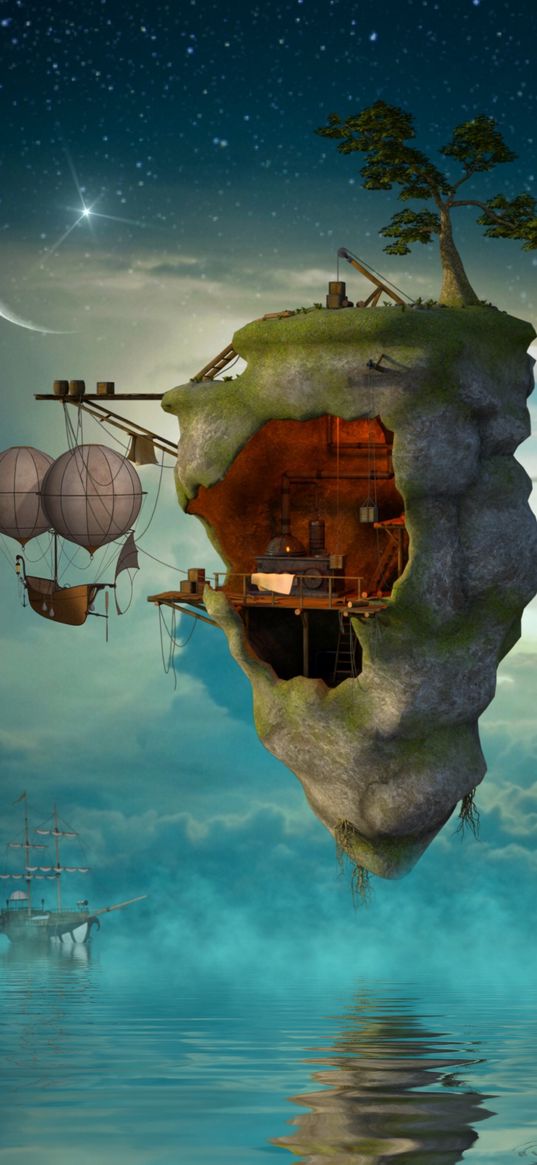 planet, island, balloon, surrealism, idyll, imagination