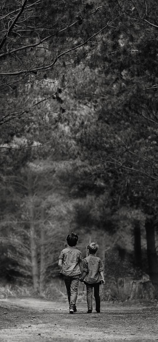 children, forest, friends, walk, bw