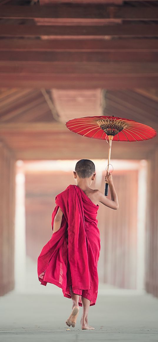 boy, monk, child, umbrella, buddhism, myanmar, burma, asia