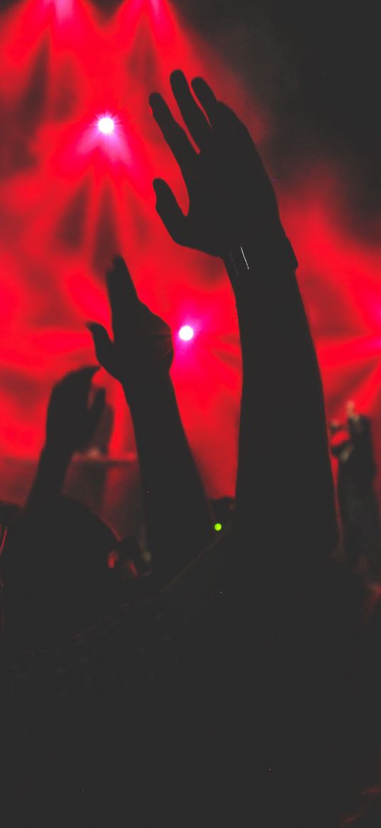 concert, hands, silhouettes, light, music