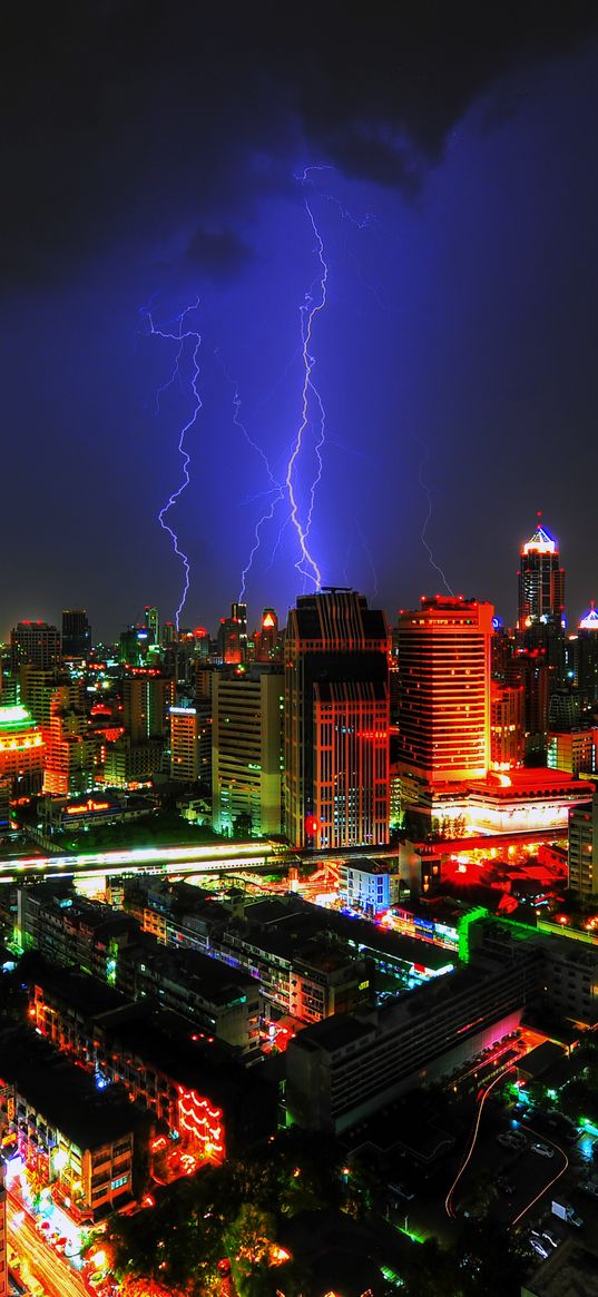 night city, lightning, buildings, bangkok, thailand