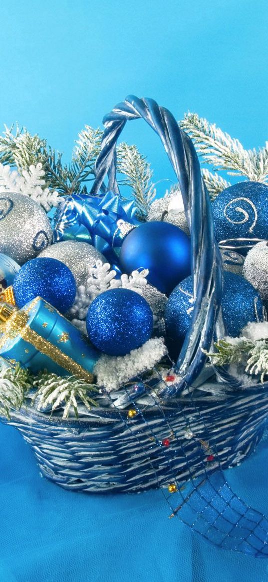 christmas, new year, spheres, basket, toys