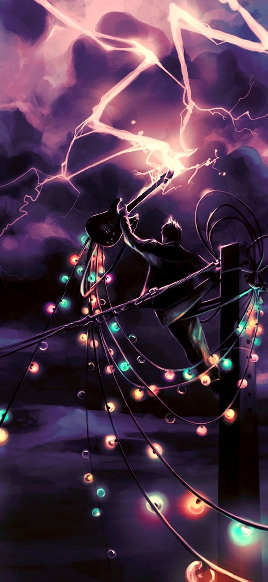 guitarist, art, lightning, wires, garlands, music