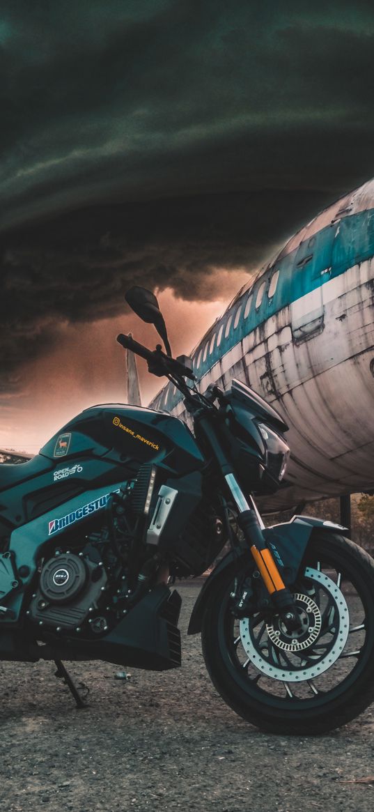 motorcycle, airplane, side view, clouds, overcast