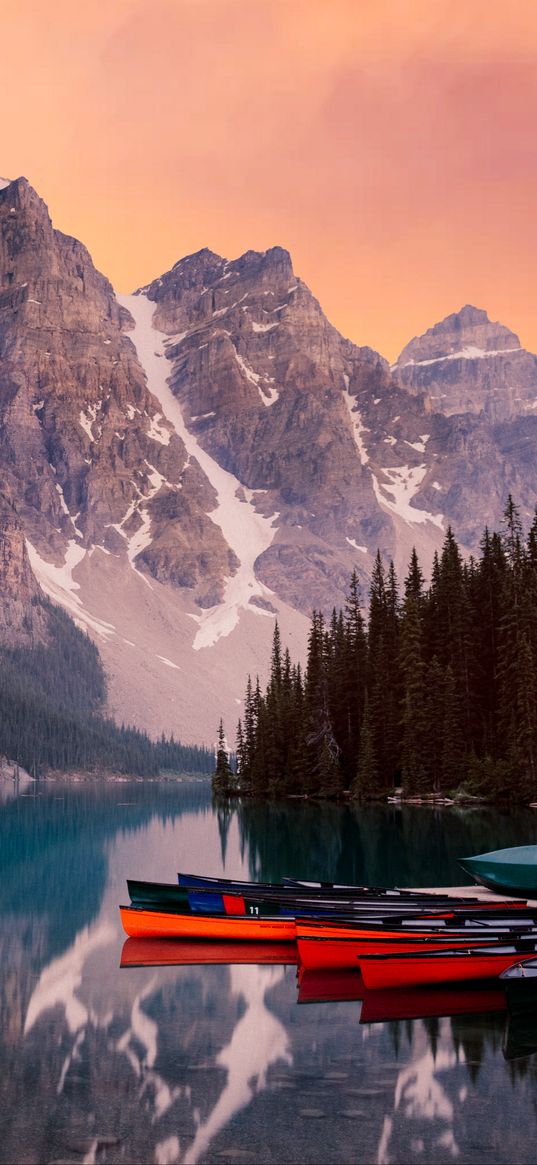 lake, mountains, canoe, kayak, trees