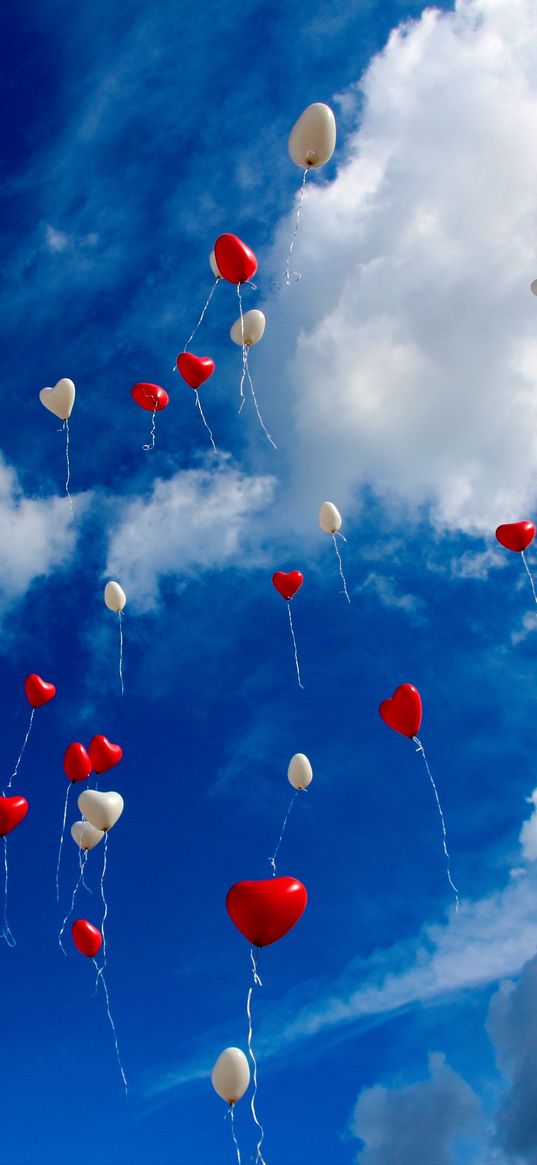 balloons, sky, clouds, hearts, love