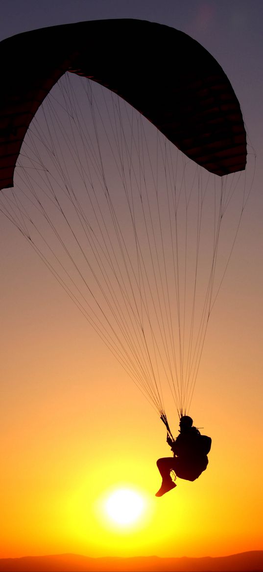 paraglider, flight, silhouette, man, sky