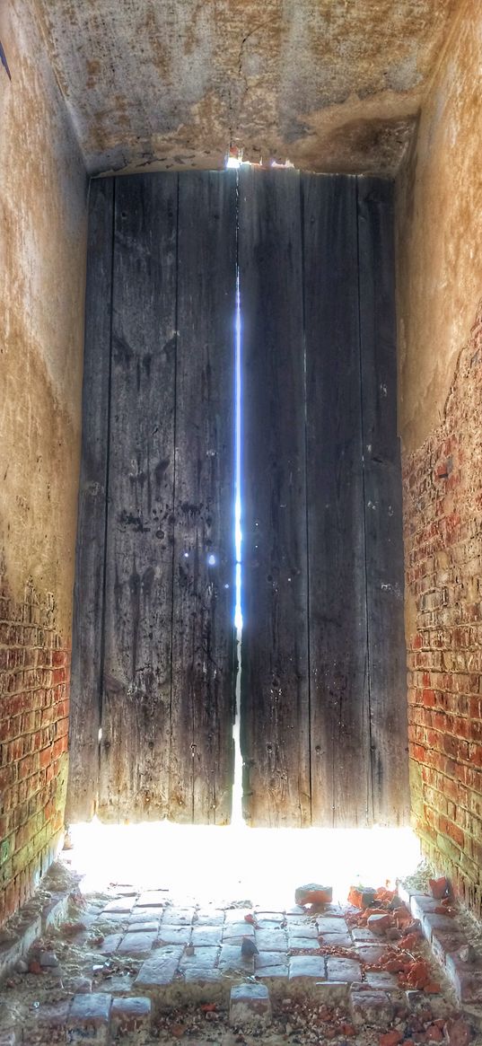 door, light, entrance, sunlight, ruins, bricks