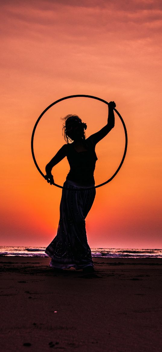 girl, hoop, silhouette, sunset, sea, horizon