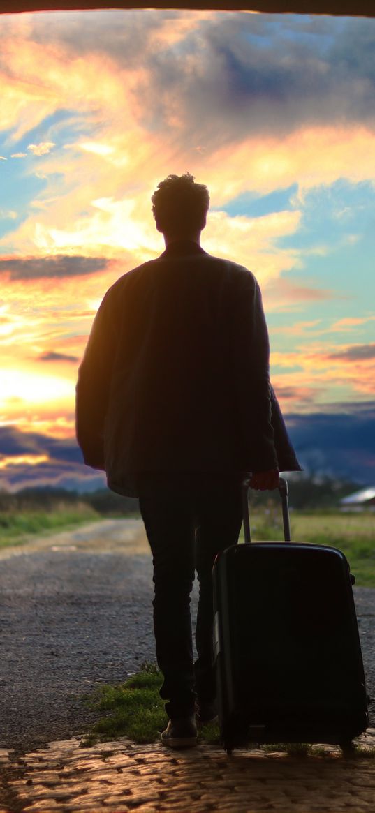 man, suitcase, travel, dawn