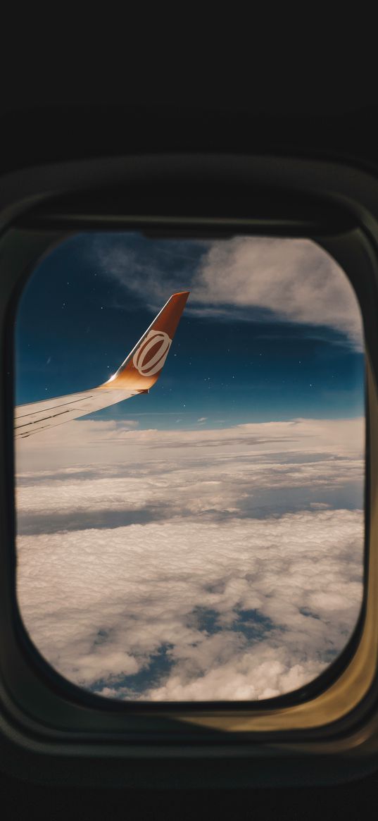 porthole, window, wing aircraft, flight, clouds