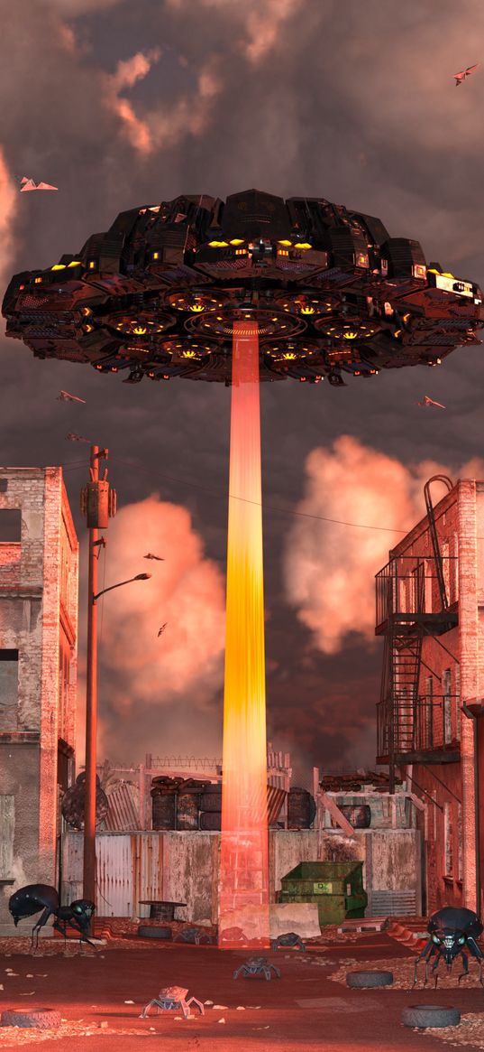 spaceship, aliens, surreal, invasion, city