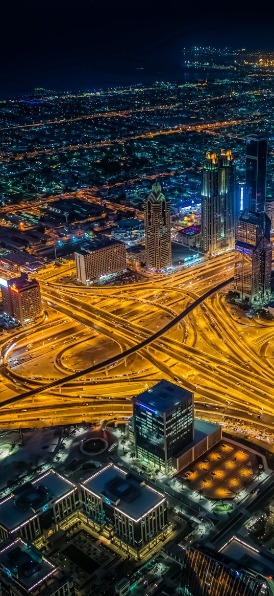 night city, view from above, intersection, roads, skyscrapers, dubai