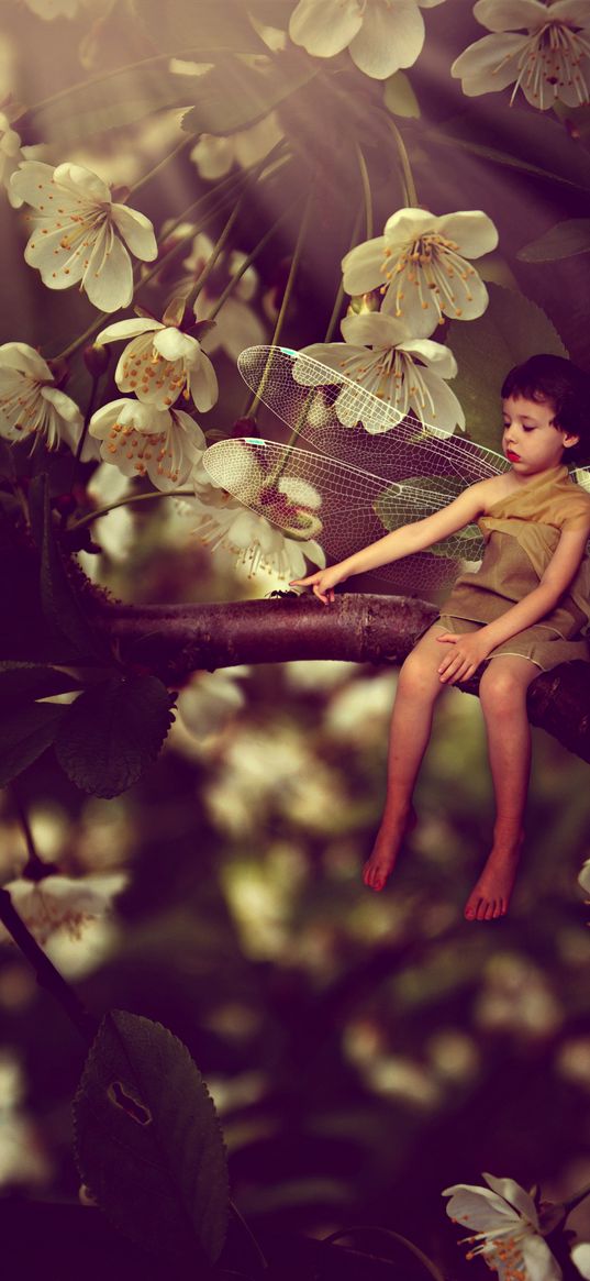 child, branch, flowers, magic, ant, photoshop