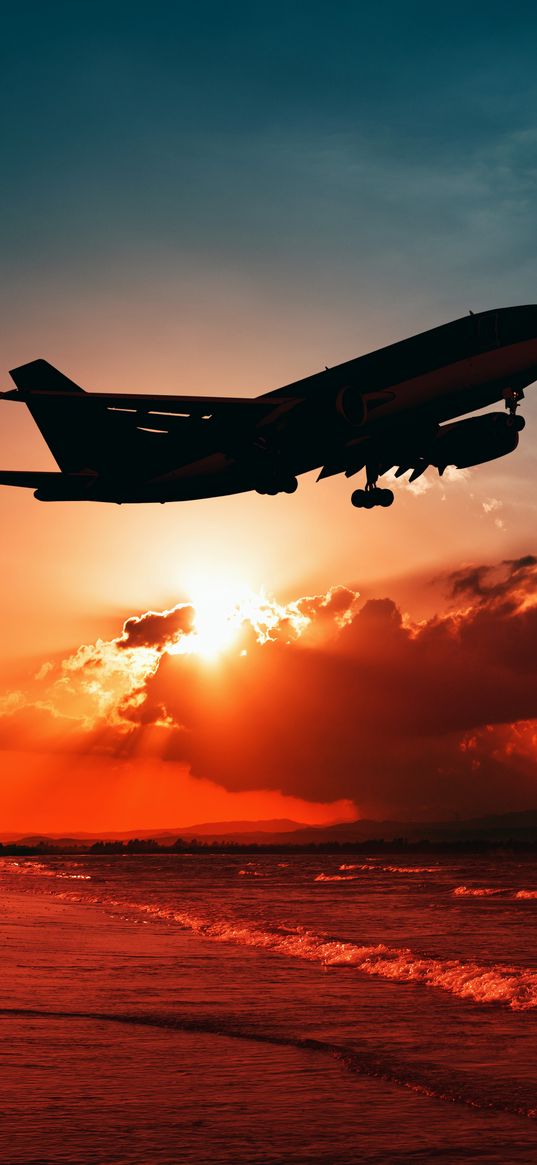 airplane, sea, sunset, takeoff, silhouette, sky