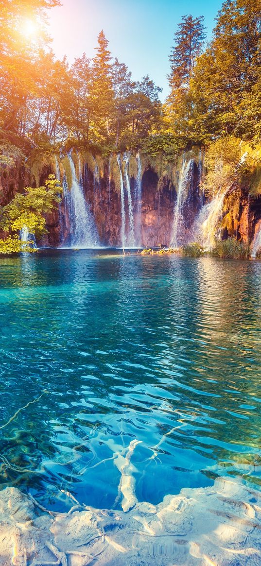 waterfall, precipice, sunlight, summer, bright, trees