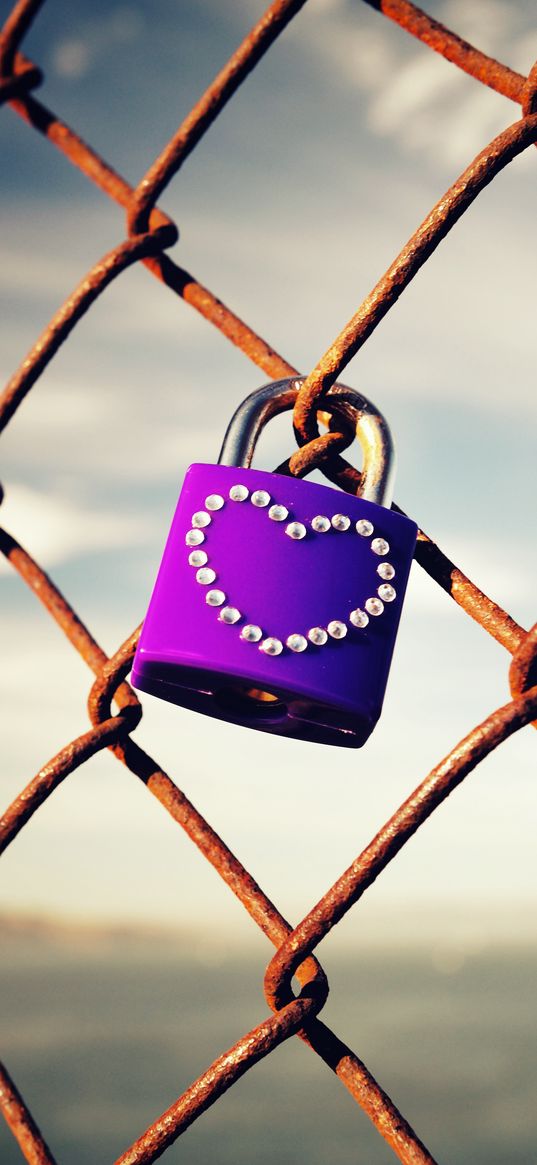 lock, heart, mesh, fence, rust