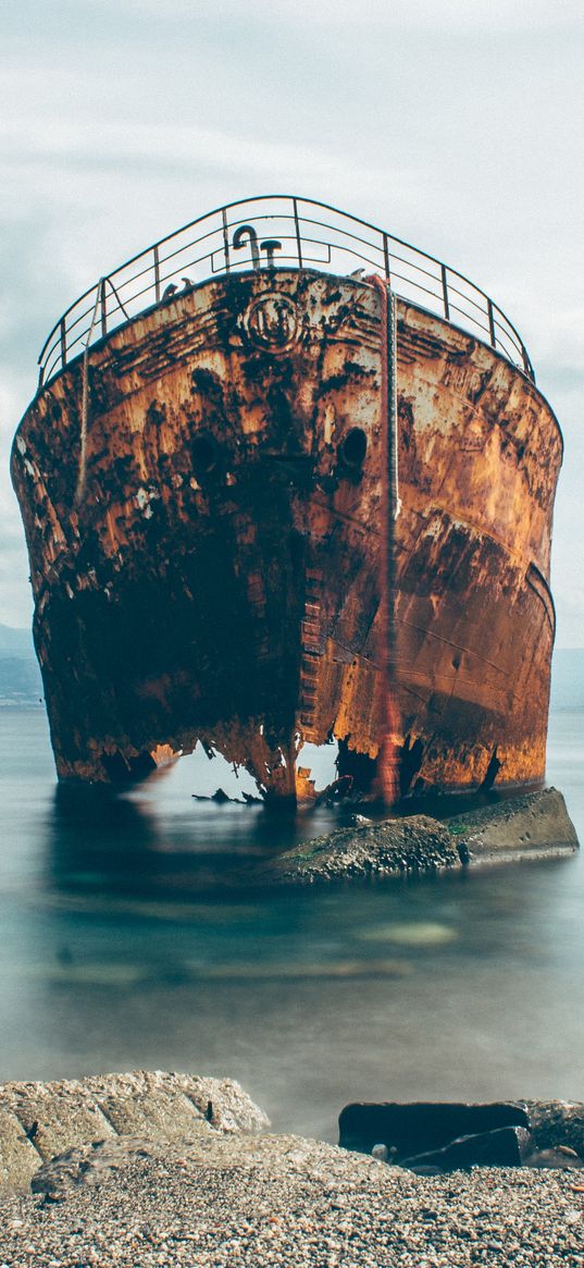 ship, rusty, ruined, sea, shore