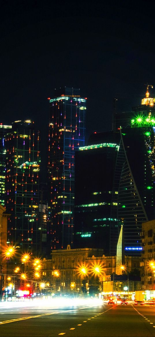 skyscrapers, night city, architecture, city lights, moscow, russia